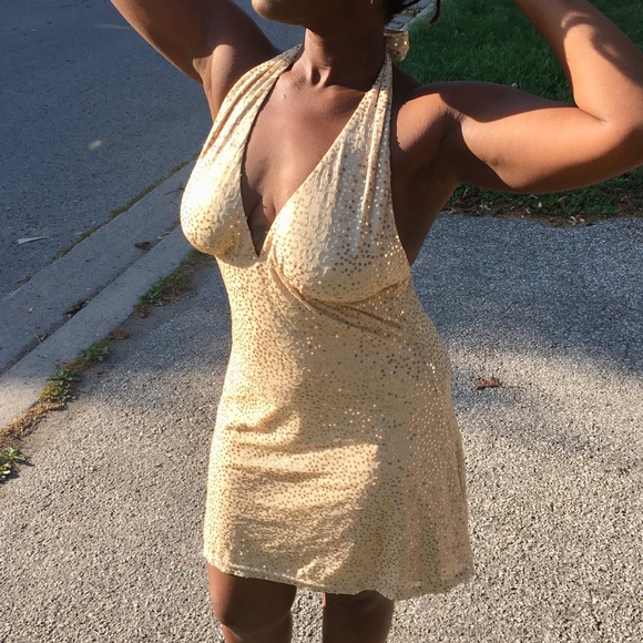 Gold Sequined Halter Dress - Picture 2 of 5